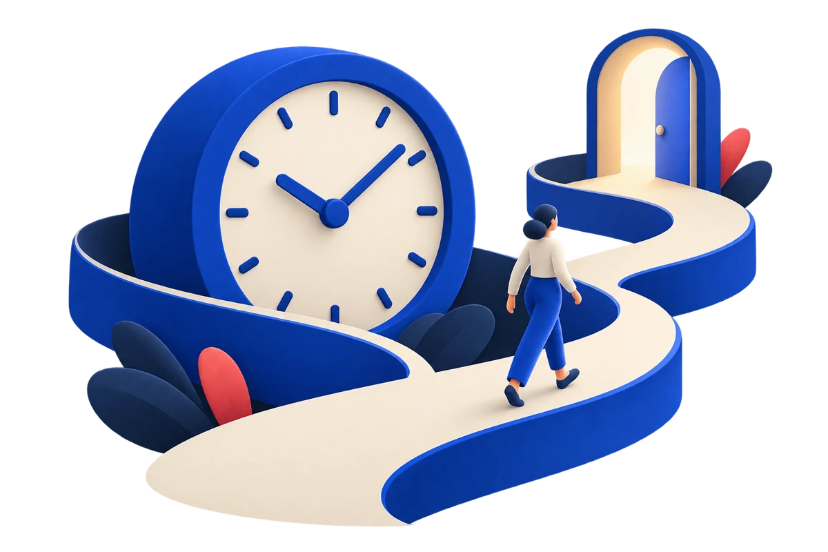 Illustrazione di un orologio e un percorso verso una porta aperta